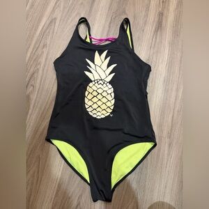 Justice Black One-Piece Swimsuit with Neon Lime and Hot Pink Accents